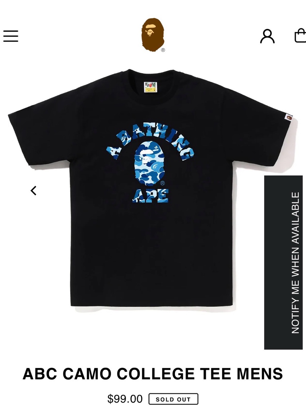A Bathing Ape ABC Camo College Tee - Black with Blue Camo Logo Size S